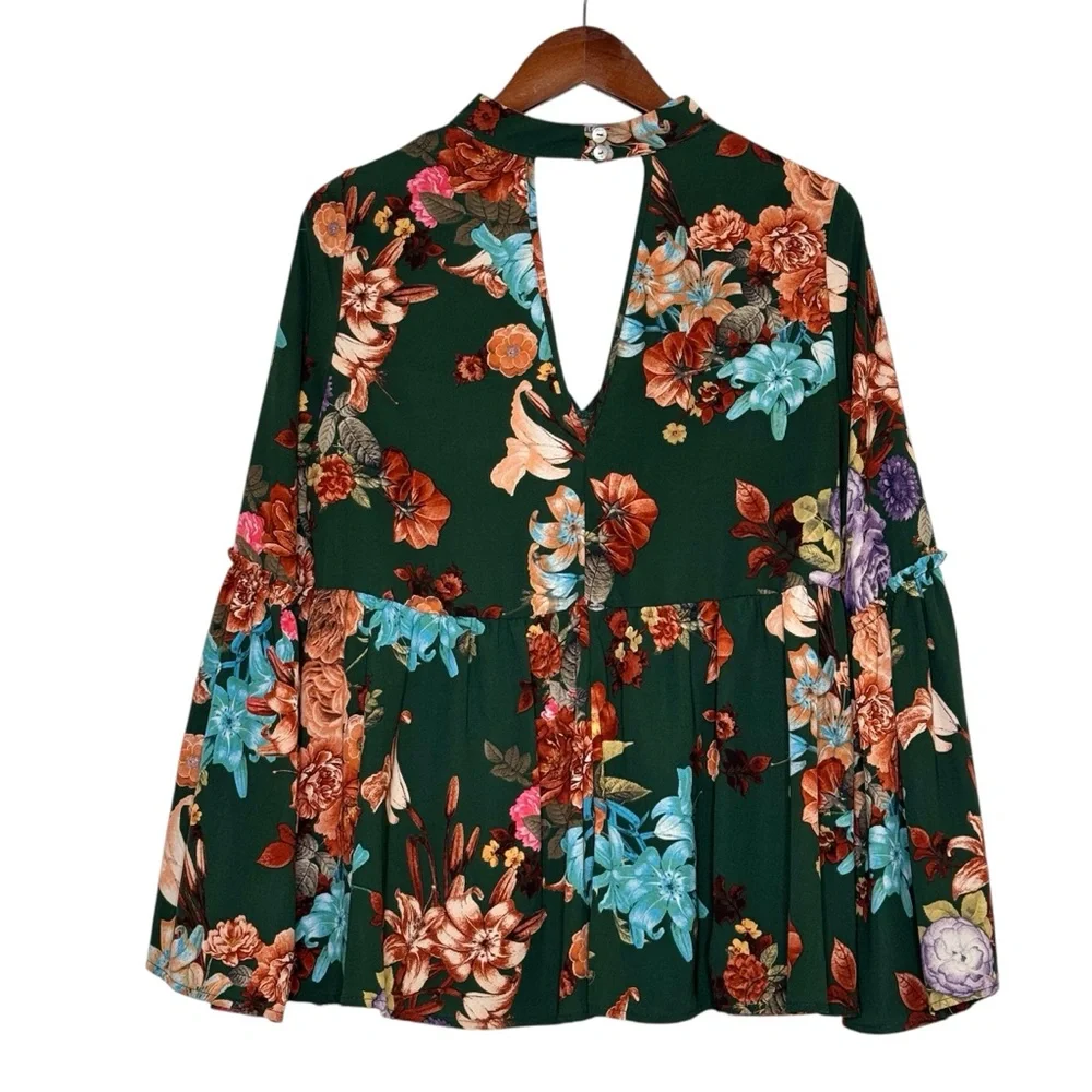Altar’d State Green Floral Blouse Flare Bell Sleeve Choker Collar Top SZ Medium